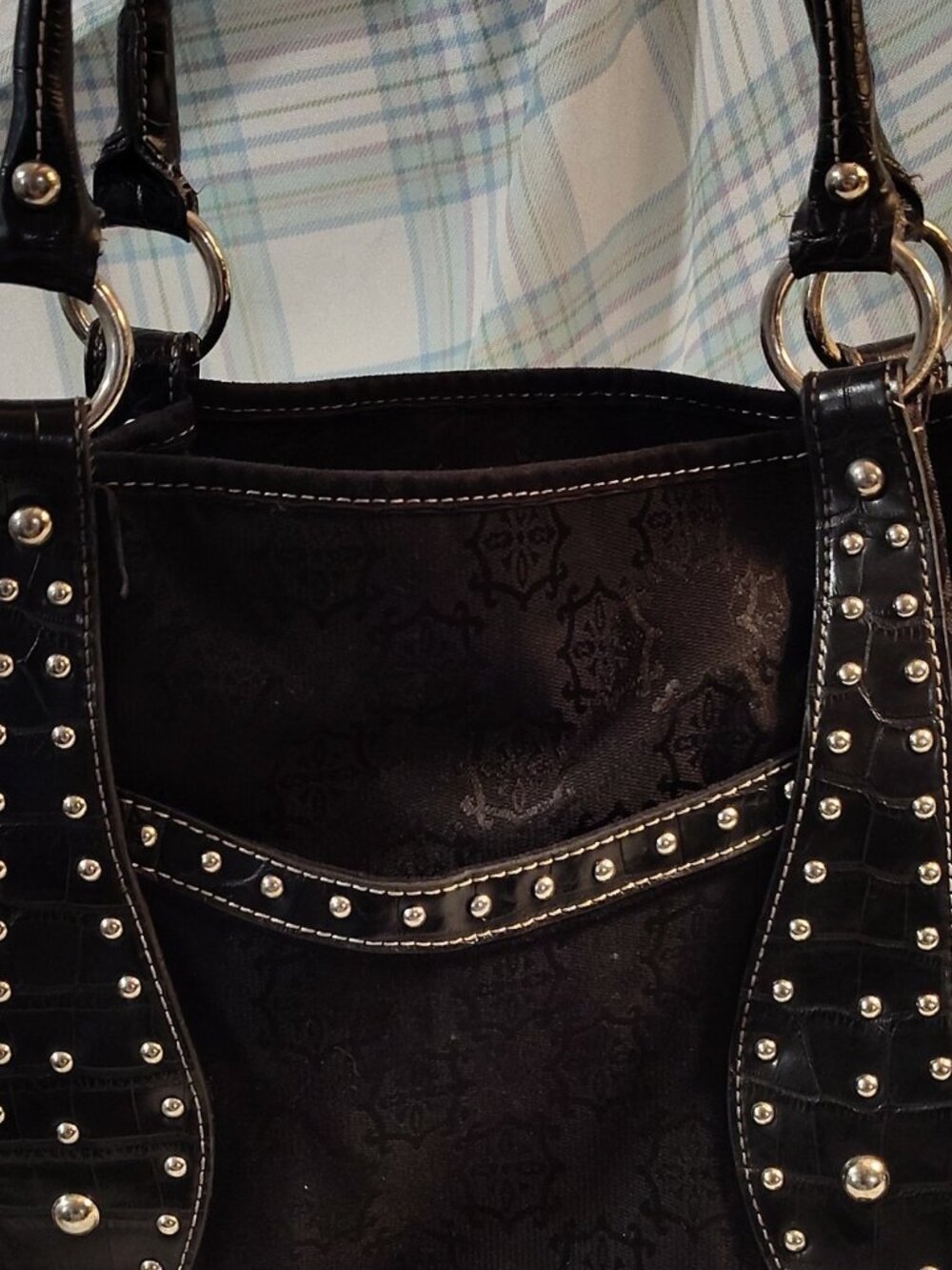 Mercer & Madison Studded Jacquard Shoulder Bag Black Buckle Accent Designer